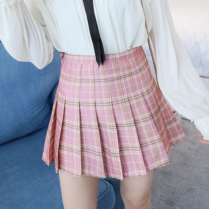 Plaid Pleated Mini Skirt for Women with High Waist and Flared Hem in Dusty Pink Plaid, front view