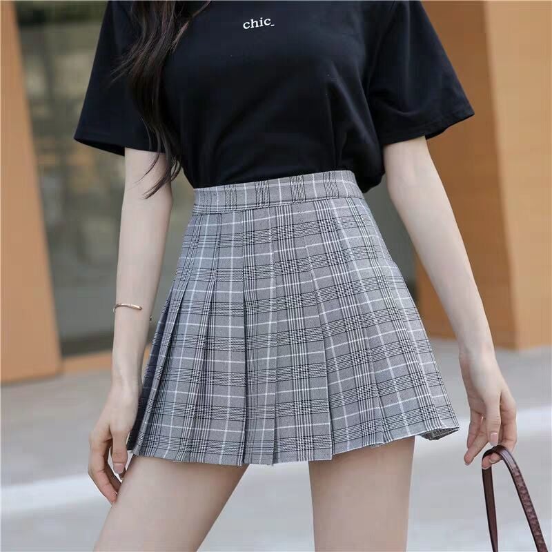 Plaid Pleated Mini Skirt for Women with High Waist and Flared Hem in Light Grey Plaid, front view