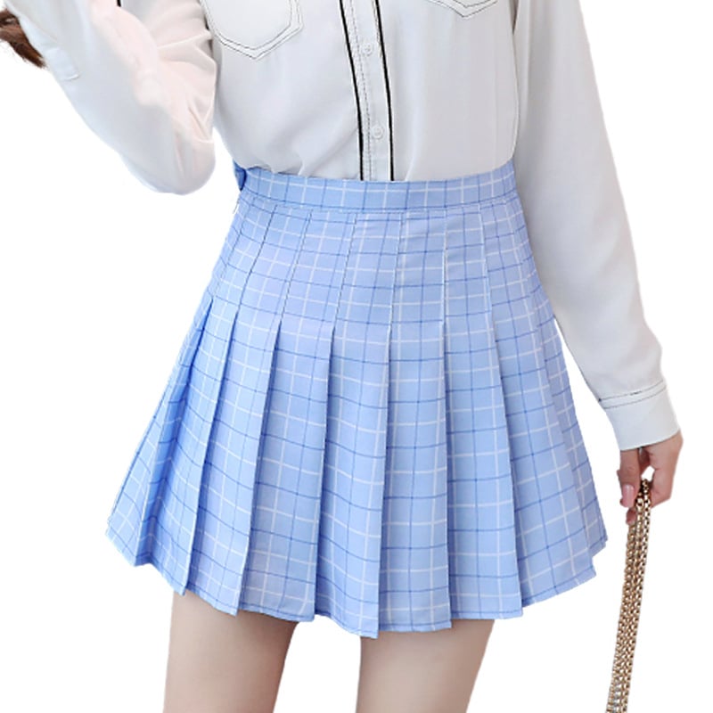 Plaid Pleated Mini Skirt for Women with High Waist and Flared Hem in Sky Blue Plaid, front view
