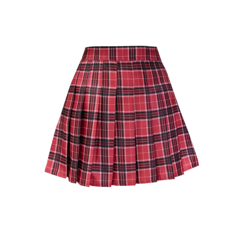 Plaid Pleated Mini Skirt for Women with High Waist and Flared Hem in Wine Red Plaid, product view 5