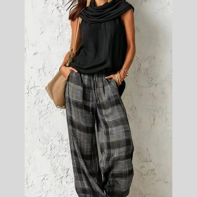 Plaid Wide Leg Pants Set for Women with Sleeveless Cowl Neck Top in Black, front view