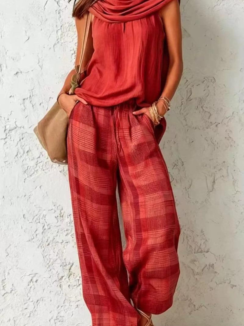 Plaid Wide Leg Pants Set for Women with Sleeveless Cowl Neck Top in Red, front view