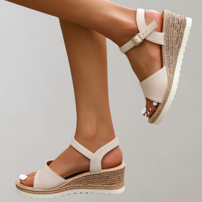 Platform Wedge Sandals for Women with Ankle Strap and Woven Wedge in Beige, side view