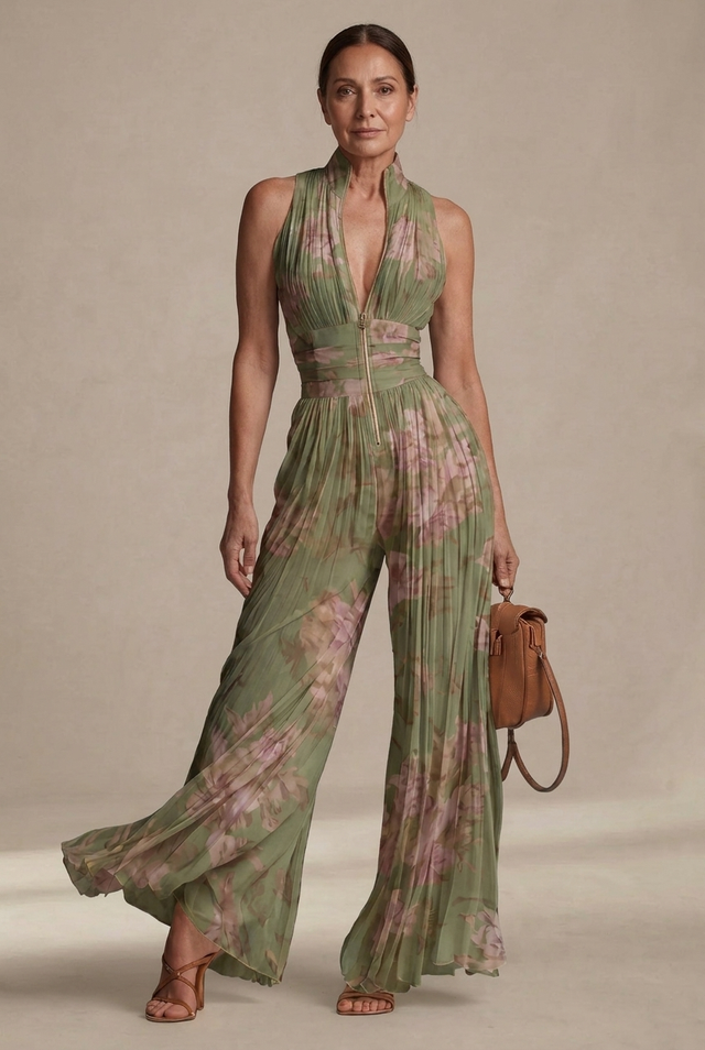 Pleated Floral Wide Leg Jumpsuit for Women with Plunge Neck and Front Zip, front view