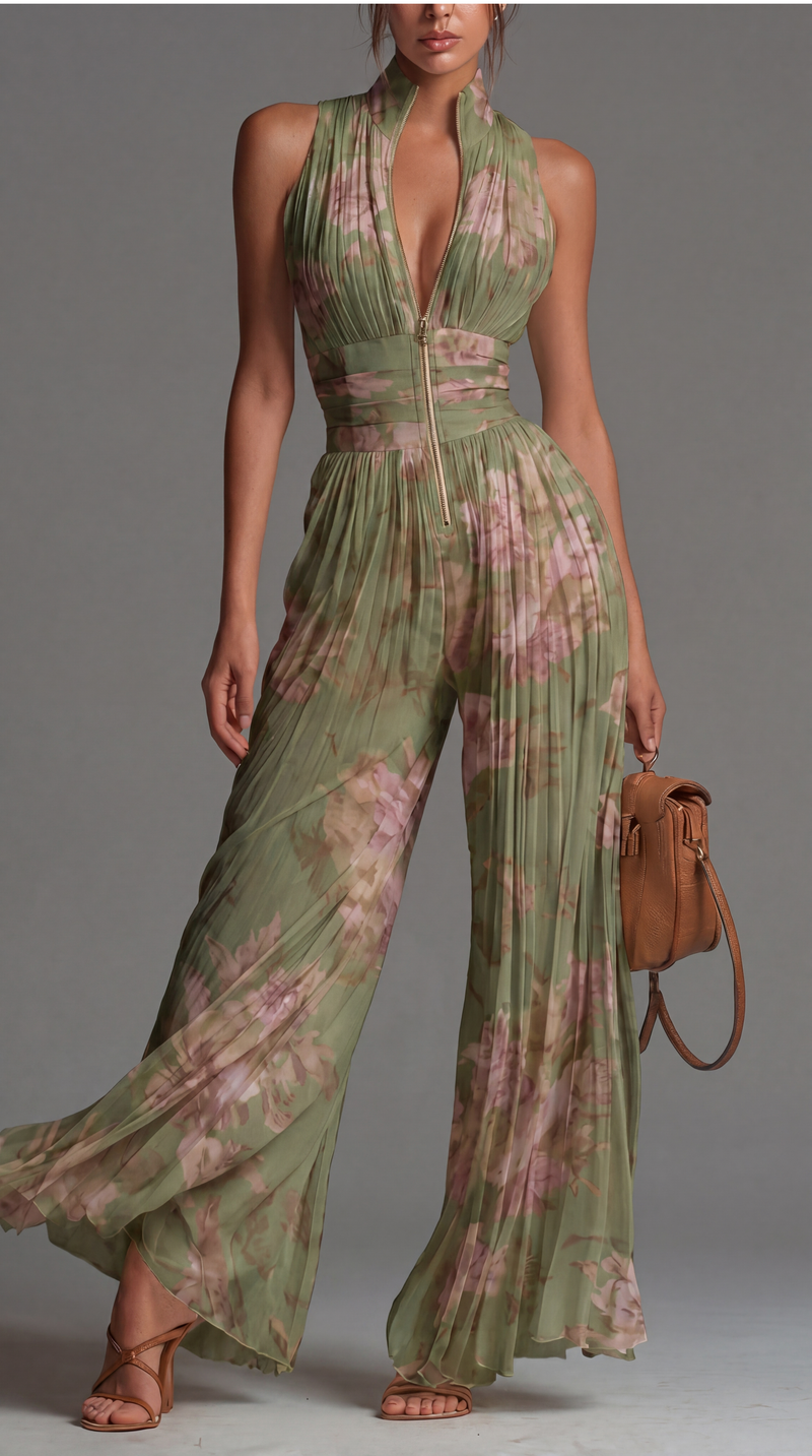 Pleated Floral Wide Leg Jumpsuit for Women with Plunge Neck and Front Zip, front view 2