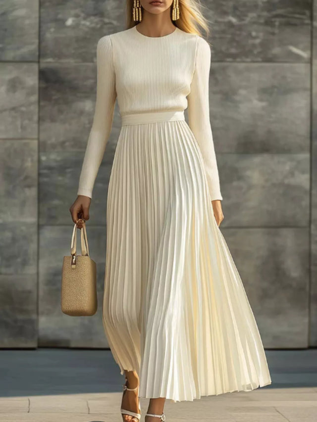 Pleated Maxi Dress for Women with Ribbed Knit Bodice and Long Sleeves in Cream White, front view