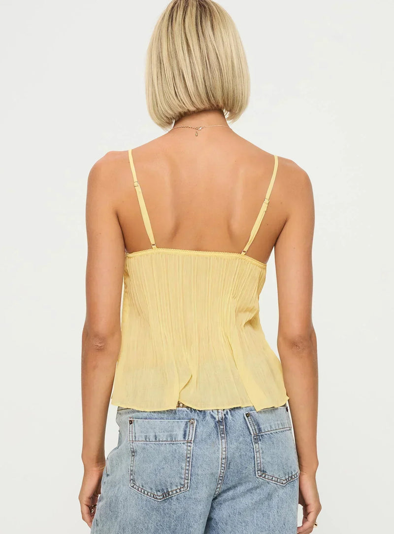 Pleated Cami Top for Women with Lace Trim Cups and Flared Hem in Yellow, back view