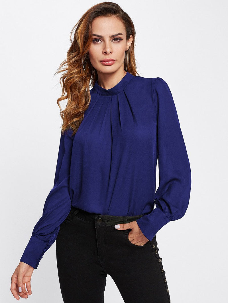 Long-Sleeve Blouse for Women with Pleated Mock Neck and Balloon Sleeves in Dark Blue, side view