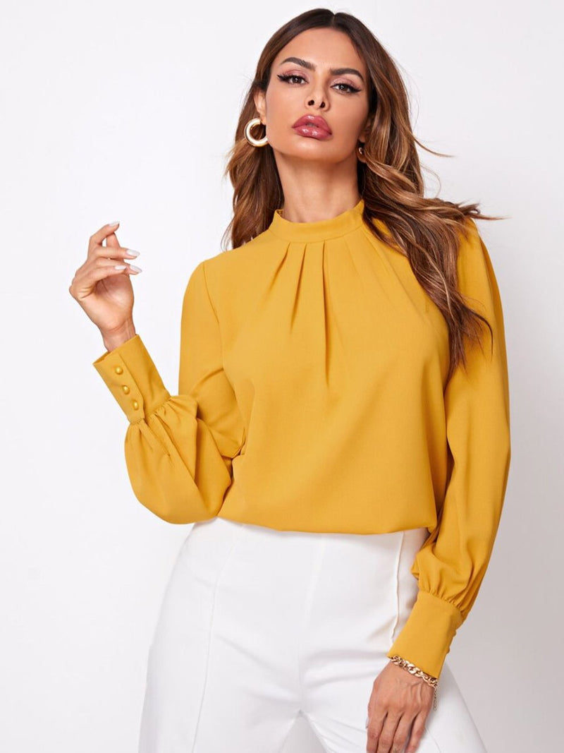 Long-Sleeve Blouse for Women with Pleated Mock Neck and Balloon Sleeves in Mustard, front view 6