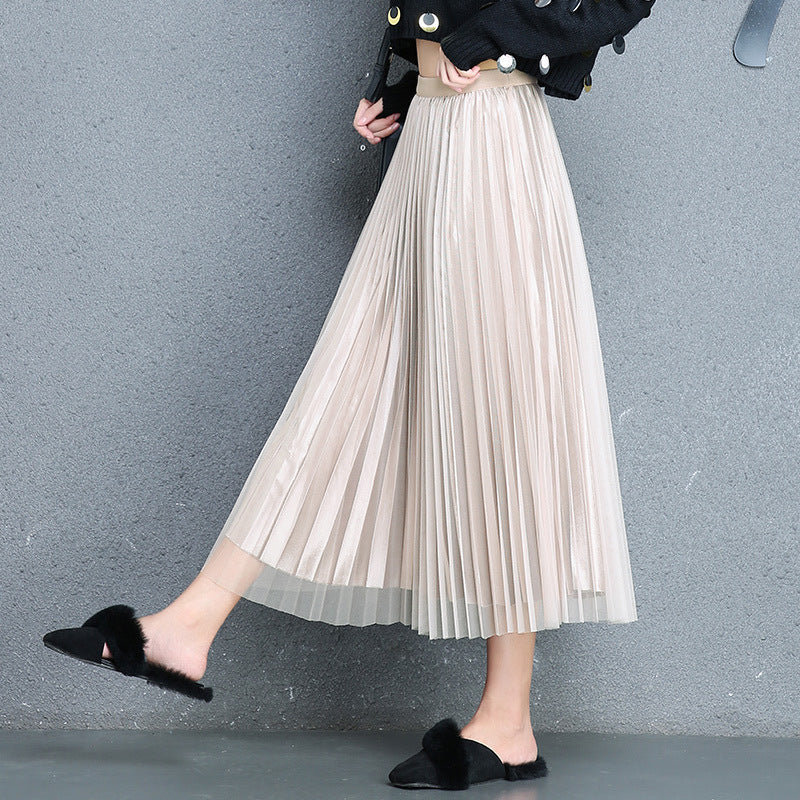 Pleated Midi Skirt for Women with Tulle Layer and Elastic Waist in Apricot, side view