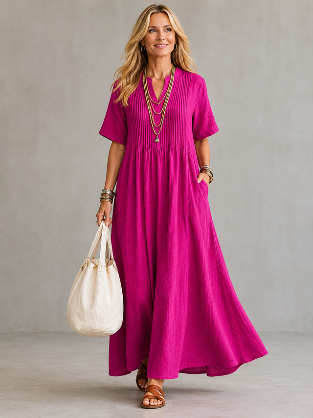Pleated V Neck Maxi Dress for Women with Short Sleeves and Pockets in Fuchsia, front view