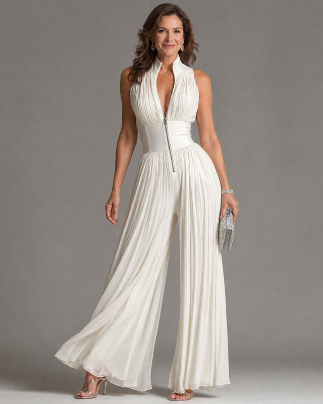 Pleated Wide Leg Jumpsuit for Women with Halter Neck and Zip Front in White, front view