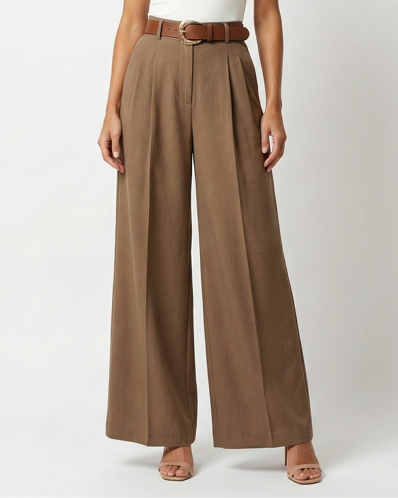 Pleated Wide Leg Trousers for Women with High Waist and Detachable Belt in Brown, close-up