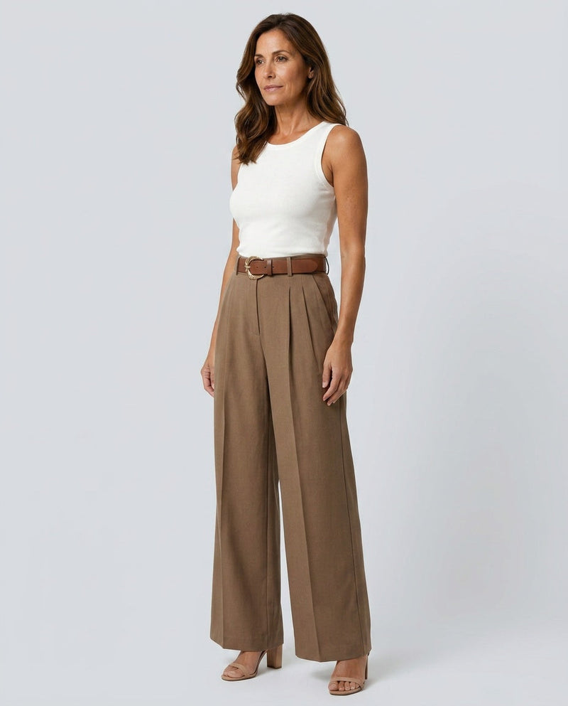 Pleated Wide Leg Trousers for Women with High Waist and Detachable Belt in Brown, side view