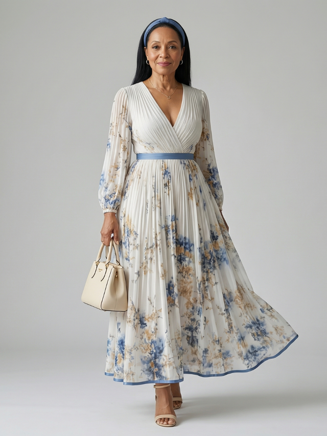 Pleated Wrap Midi Dress for Women with Long Sleeves and Tie Waist in White, front view