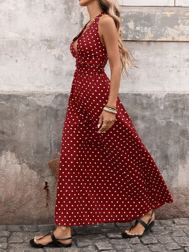 Plunge Polka Dot Maxi Dress for Women with Halter Tie and Smocked Back in Red, side view