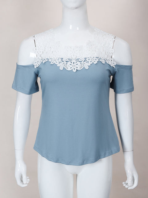 Plus Size Cold Shoulder Top for Women with Crochet Lace Yoke in Blue, front view 4
