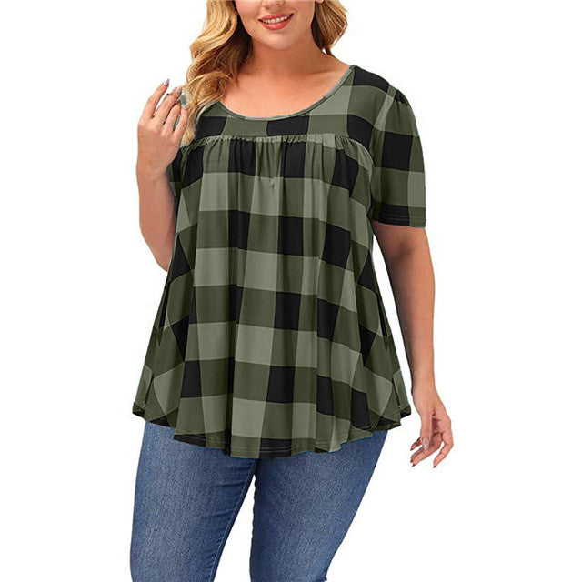 Plaid Tunic Top for Women with Plus Size Fit and Pleated Front in Army Green, front view 3