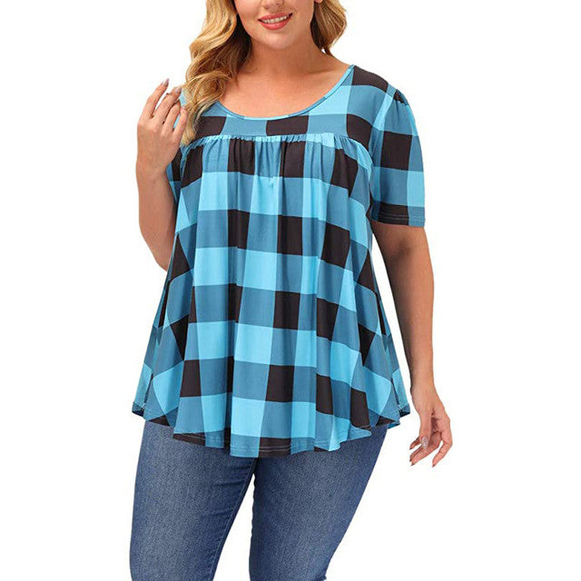 Plaid Tunic Top for Women with Plus Size Fit and Pleated Front in Blue, front view 4