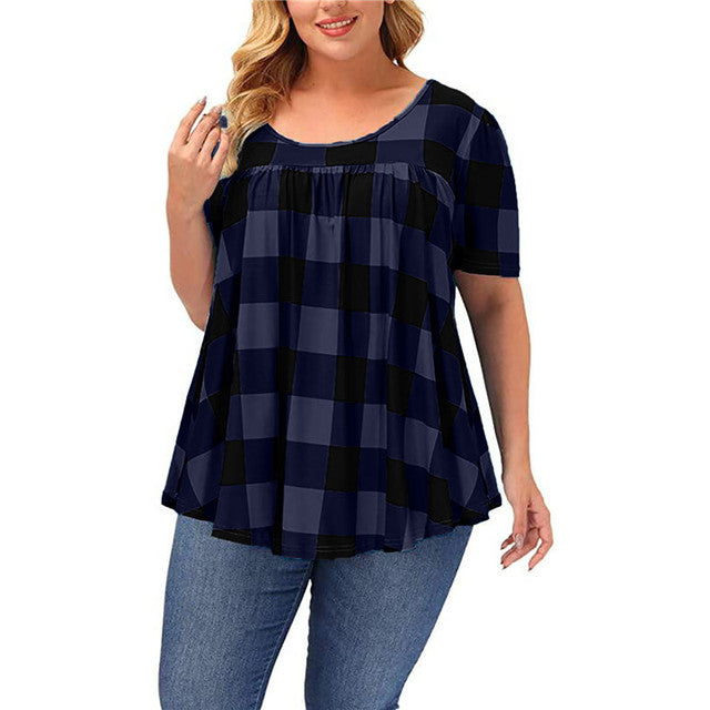 Plaid Tunic Top for Women with Plus Size Fit and Pleated Front in Navy Blue, front view 2