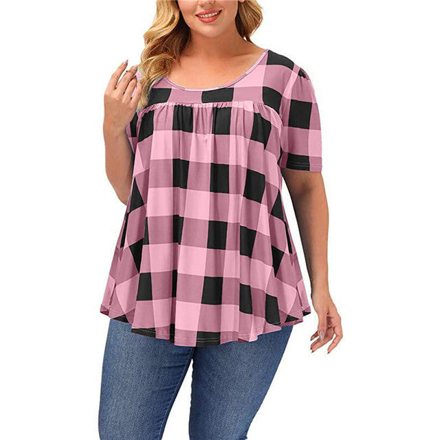 Plaid Tunic Top for Women with Plus Size Fit and Pleated Front in Pink, front view 4