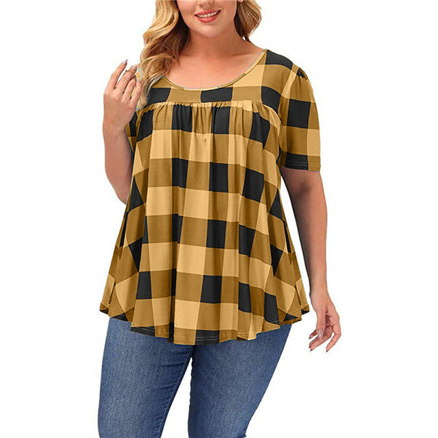 Plaid Tunic Top for Women with Plus Size Fit and Pleated Front in Yellow, front view 2