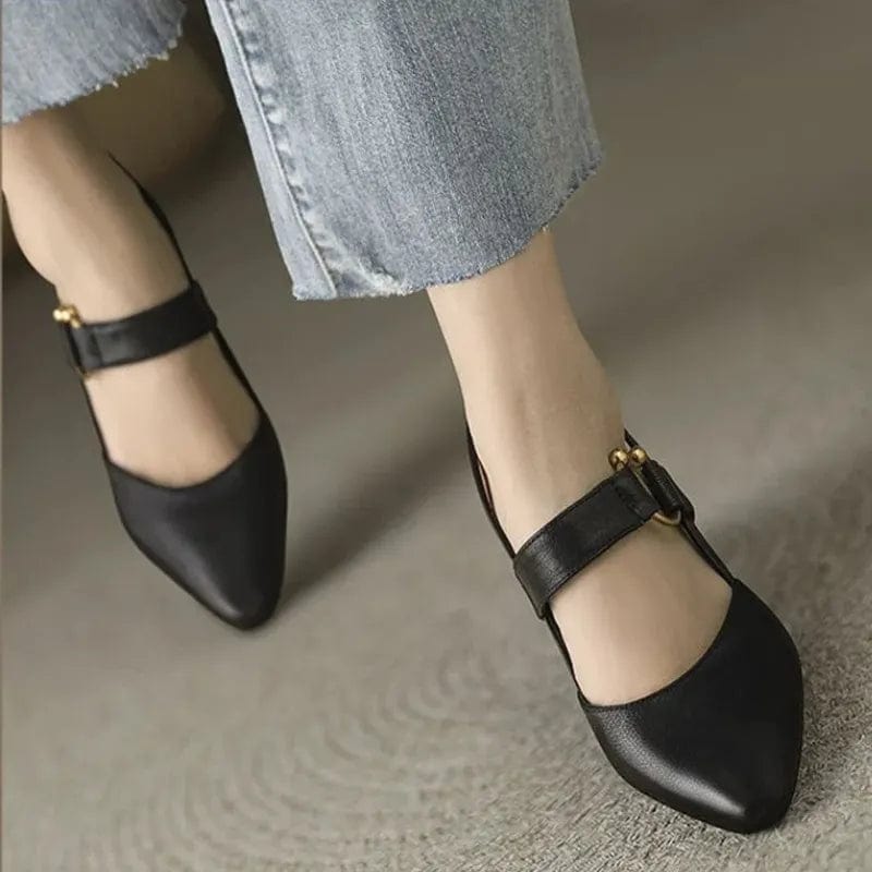 Pointed Toe Slingback Heels for Women with Block Heel and Buckle Strap in Black, front view