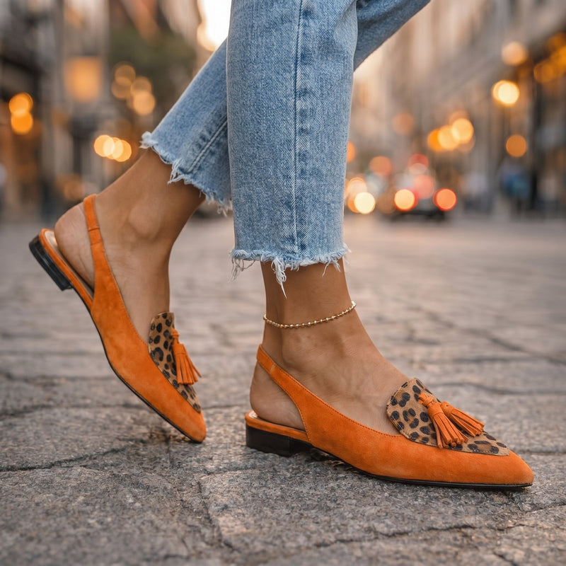 Pointed Toe Slingback Flats for Women with Tassel and Contrast Vamp in Orange and Leopard Print, styled back view