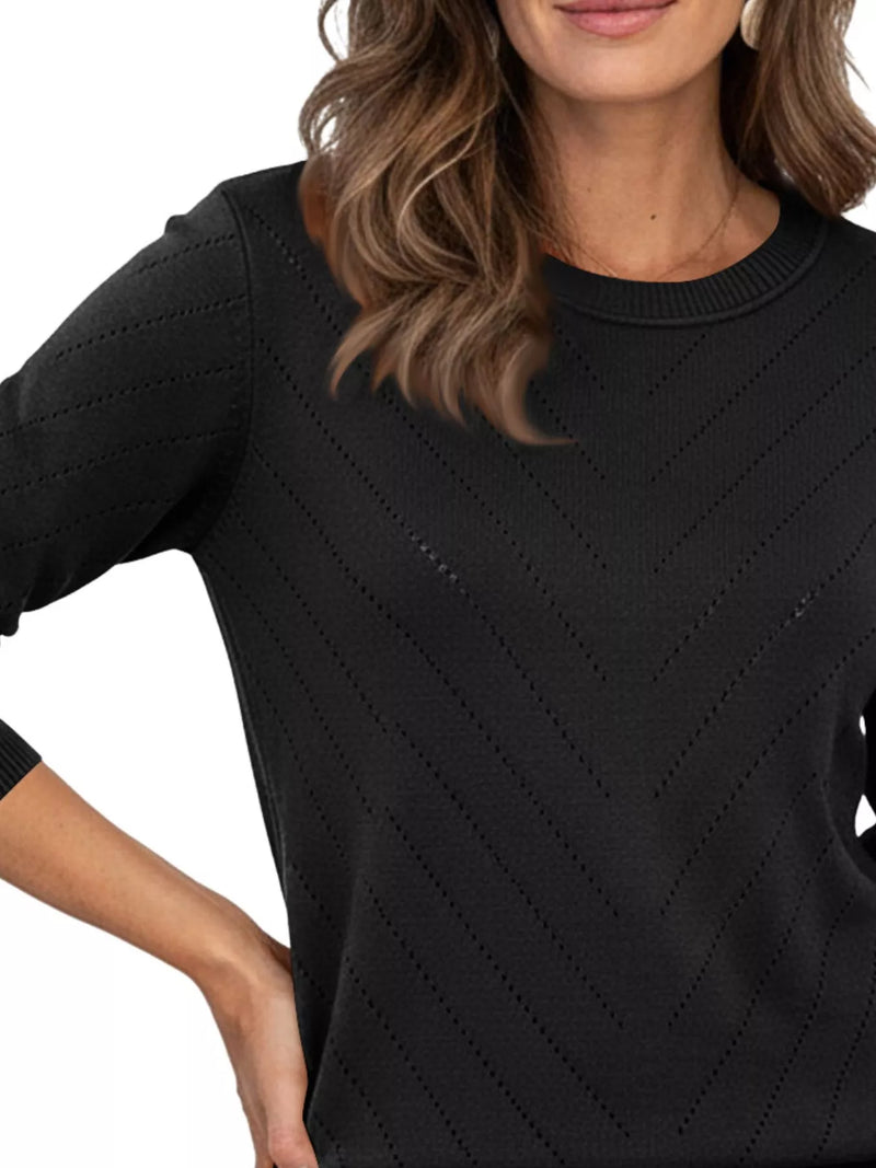 Crewneck Sweater for Women with Pointelle Chevron Knit and Ribbed Trims in Black, close-up