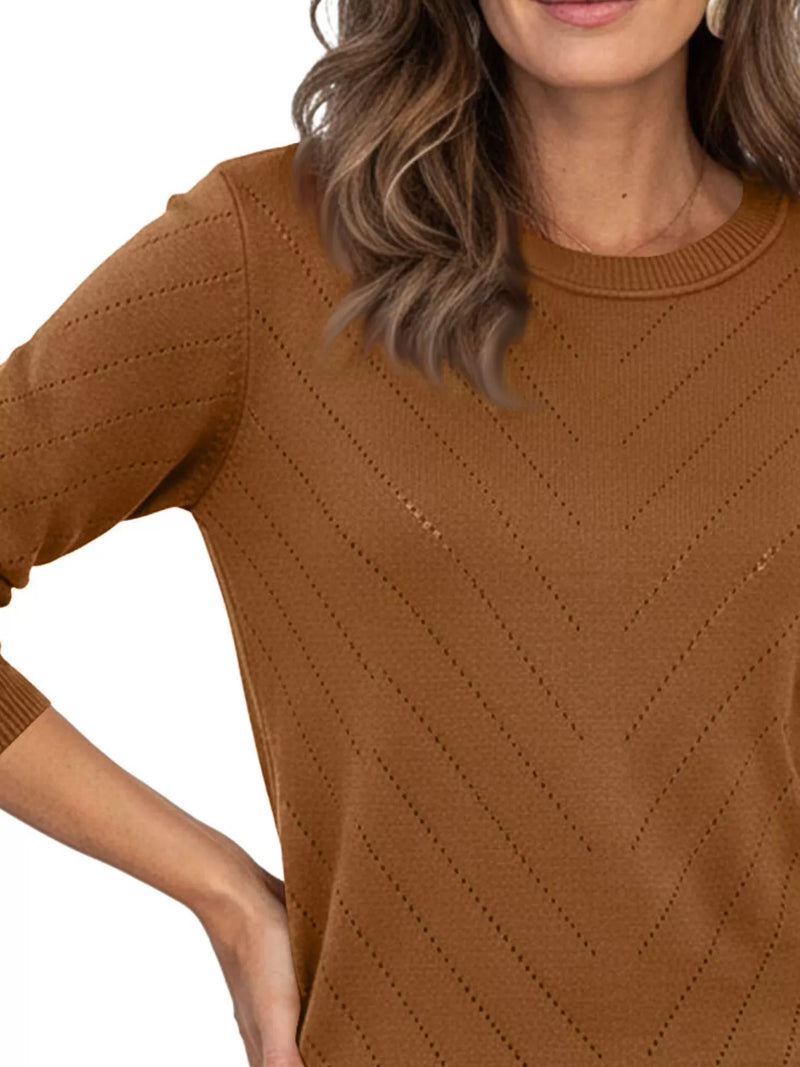 Crewneck Sweater for Women with Pointelle Chevron Knit and Ribbed Trims in Caramel, close-up