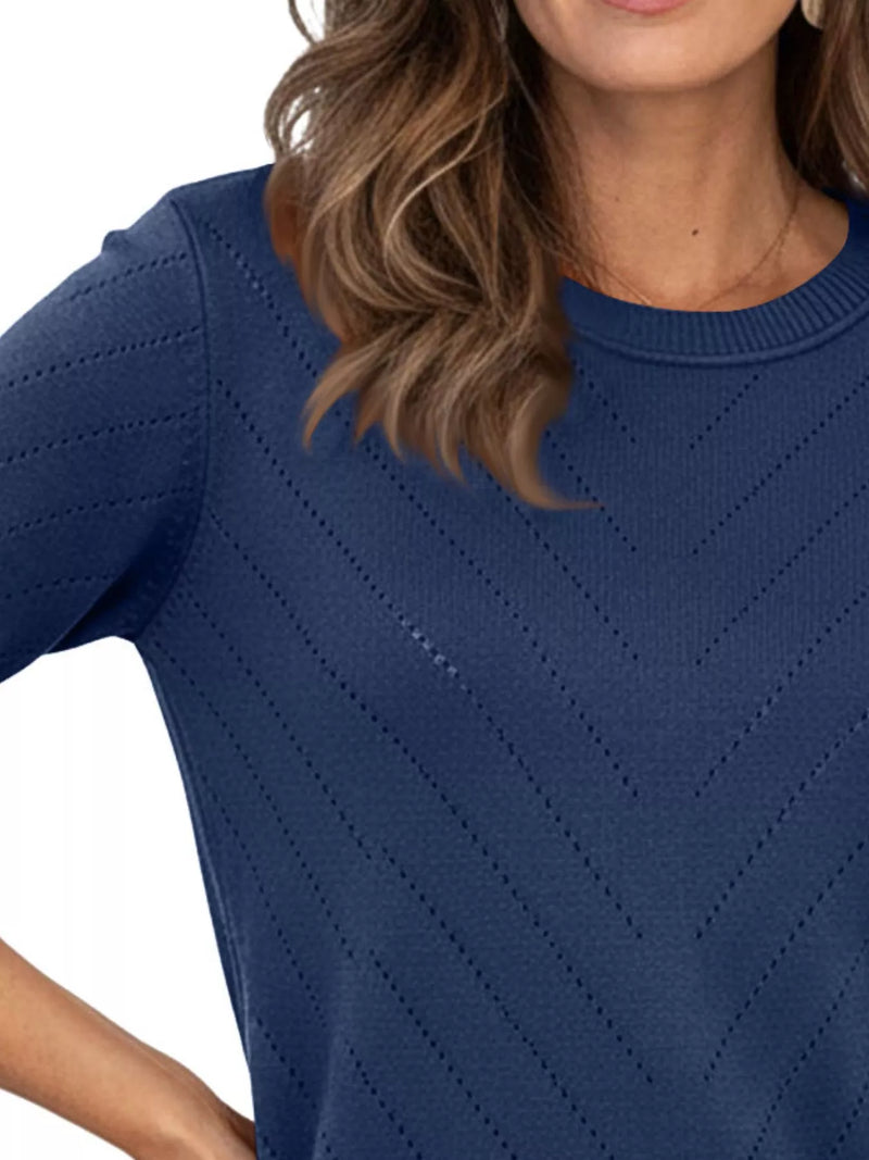 Crewneck Sweater for Women with Pointelle Chevron Knit and Ribbed Trims in Navy, close-up