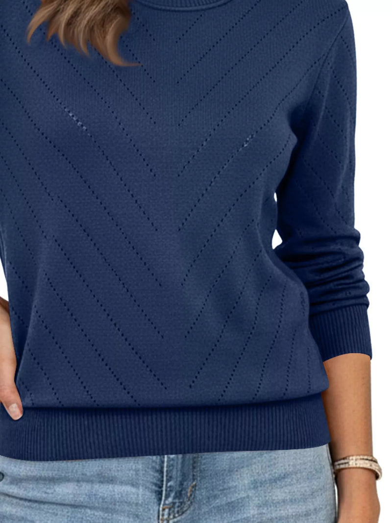 Crewneck Sweater for Women with Pointelle Chevron Knit and Ribbed Trims in Navy, hem detail