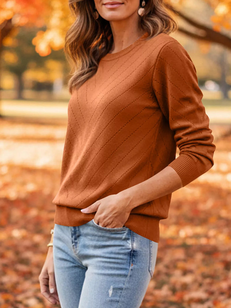 Crewneck Sweater for Women with Pointelle Chevron Knit and Ribbed Trims in Rust, front view
