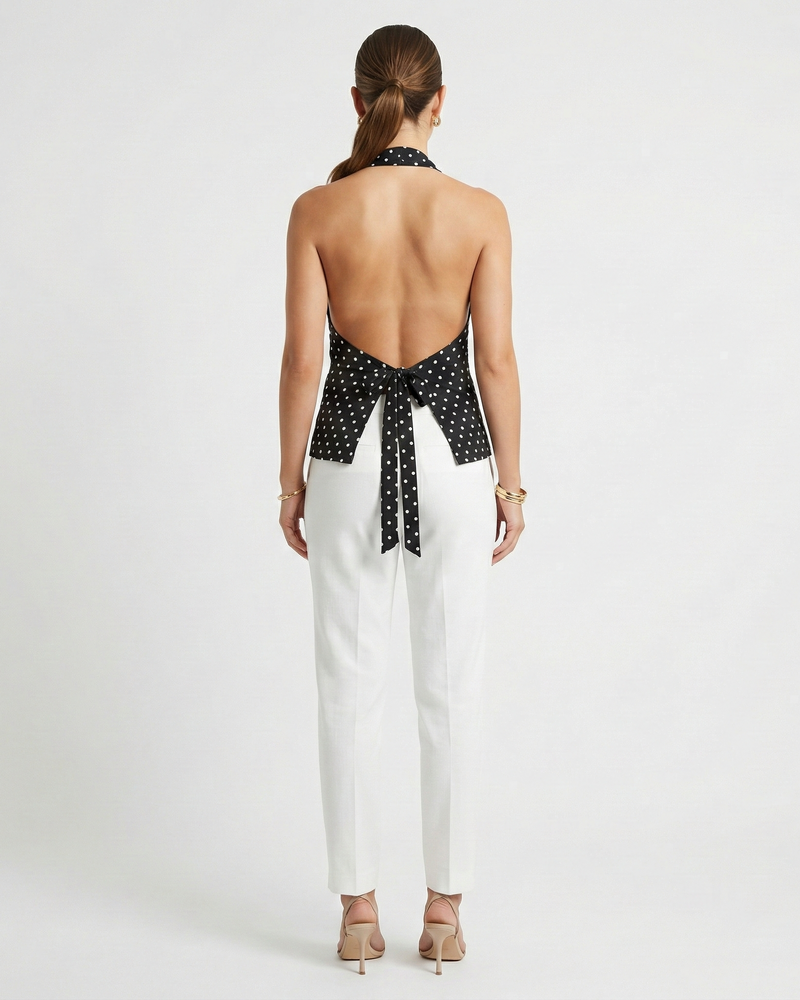 Polka Dot Halter Top for Women with Cowl Neck and Open Tie Back in Black, back view