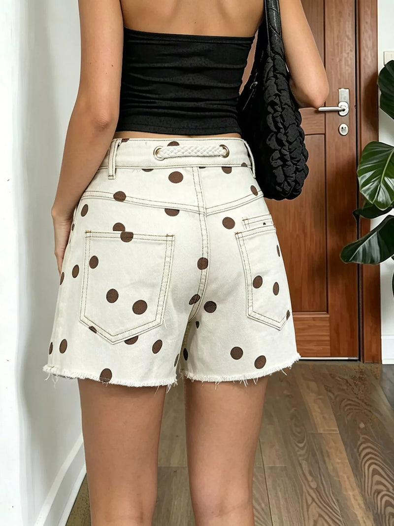 Polka Dot Denim Shorts for Women with Rope Drawstring and Raw Hem in Brown, back view