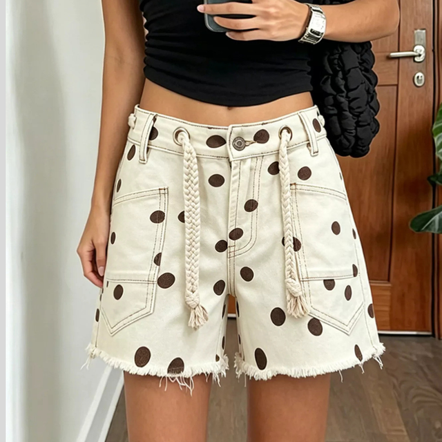 Polka Dot Denim Shorts for Women with Rope Drawstring and Raw Hem in Brown, front view