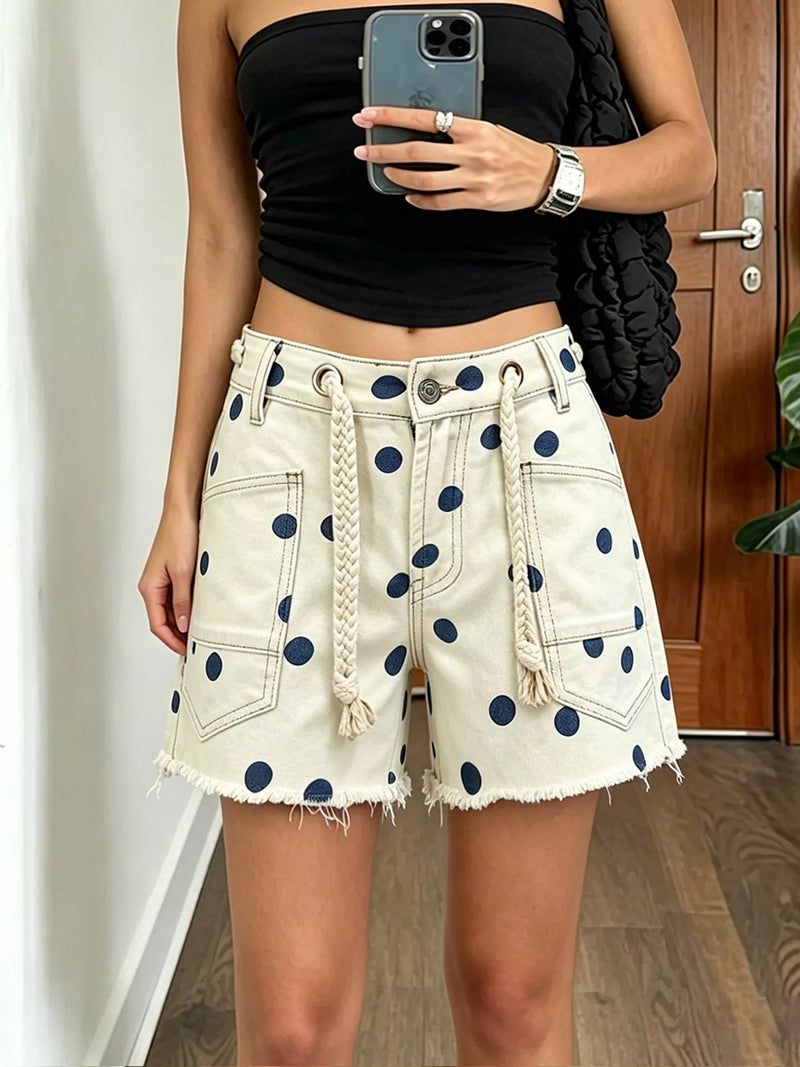 Polka Dot Denim Shorts for Women with Rope Drawstring and Raw Hem in Navy, mirror selfie front view