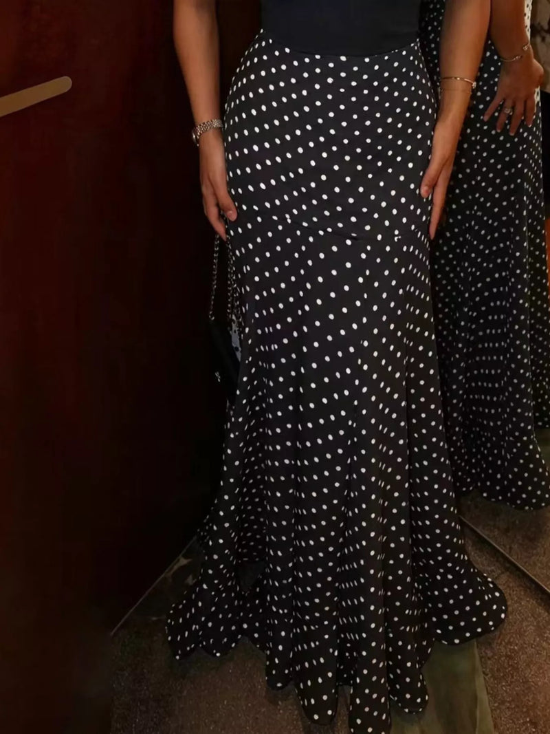 Polka Dot Maxi Skirt for Women with Mermaid Ruffle Hem and High Waist in Black, front view