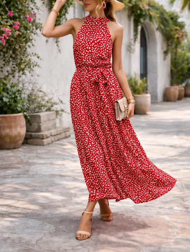 Polka Dot Halter Maxi Dress for Women with Mock Neck and Tie Waist in Red, front view