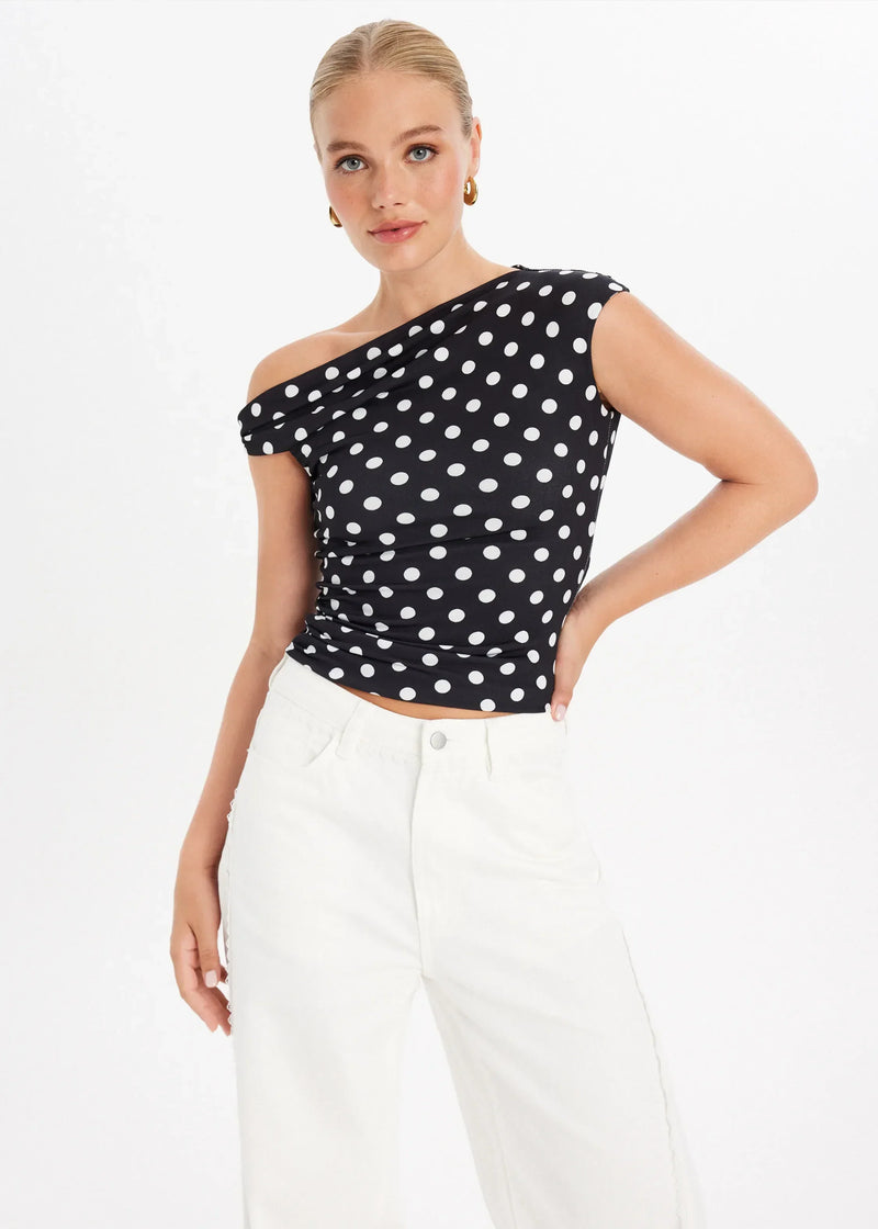Polka Dot One Shoulder Top for Women with Cap Sleeve and Ruched Side in Black, front view