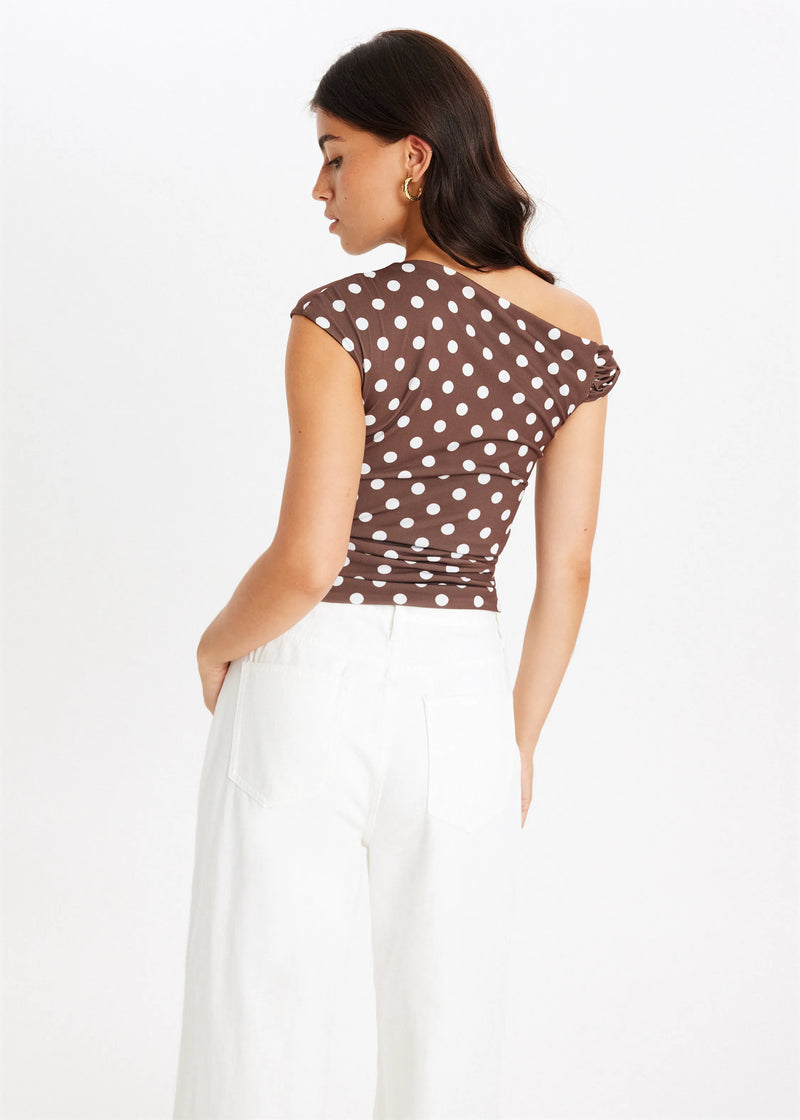 Polka Dot One Shoulder Top for Women with Cap Sleeve and Ruched Side in Brown, back view