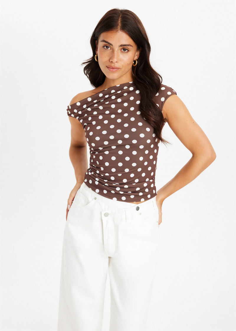 Polka Dot One Shoulder Top for Women with Cap Sleeve and Ruched Side in Brown, front view