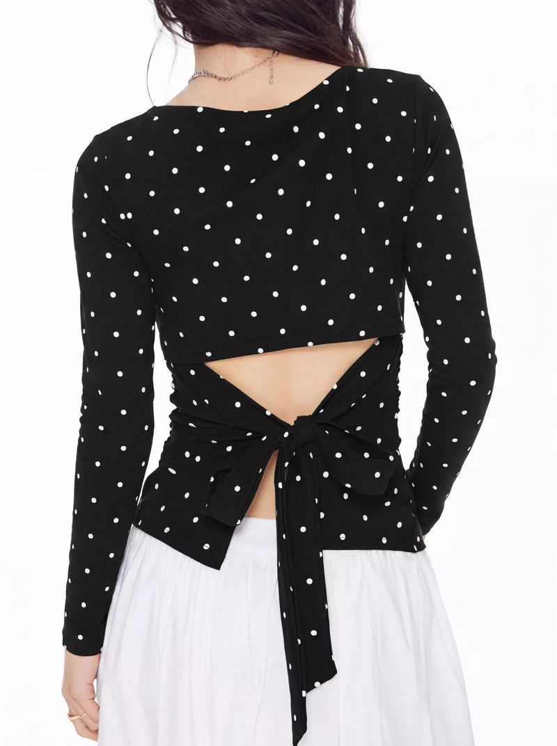 Polka Dot Long Sleeve Top for Women with Open Back and Bow Tie in Black, back view
