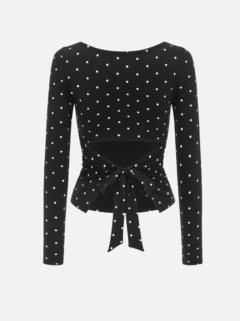 Polka Dot Long Sleeve Top for Women with Open Back and Bow Tie in Black, flat lay back