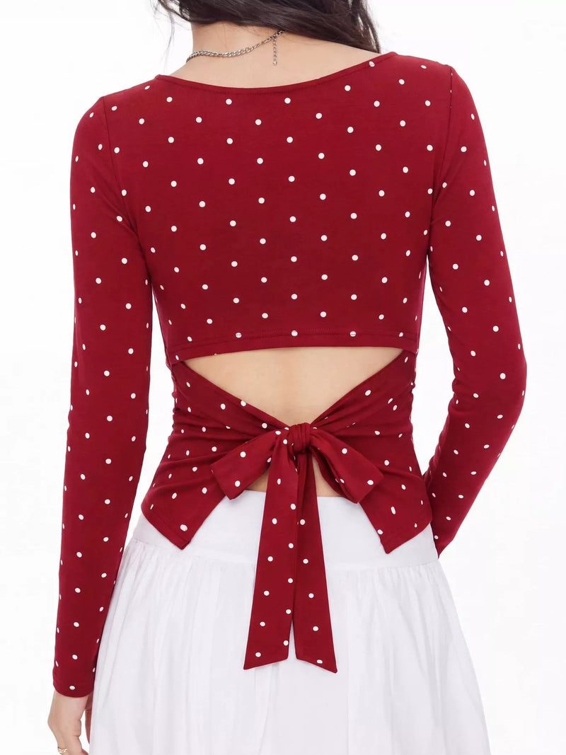 Polka Dot Long Sleeve Top for Women with Open Back and Bow Tie in Red, back view close