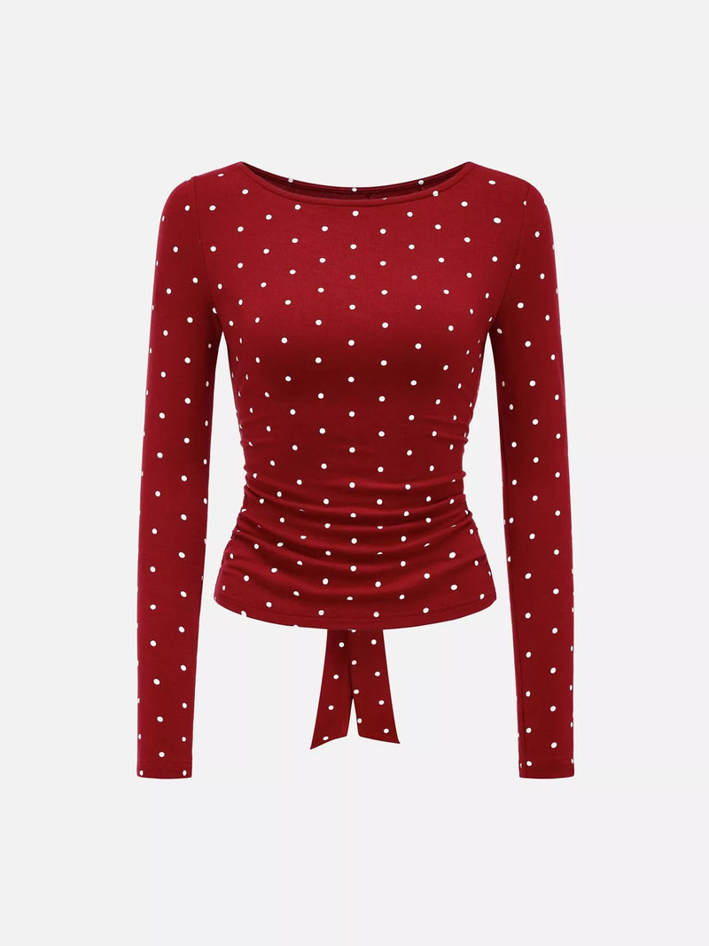 Polka Dot Long Sleeve Top for Women with Open Back and Bow Tie in Red, flat lay front