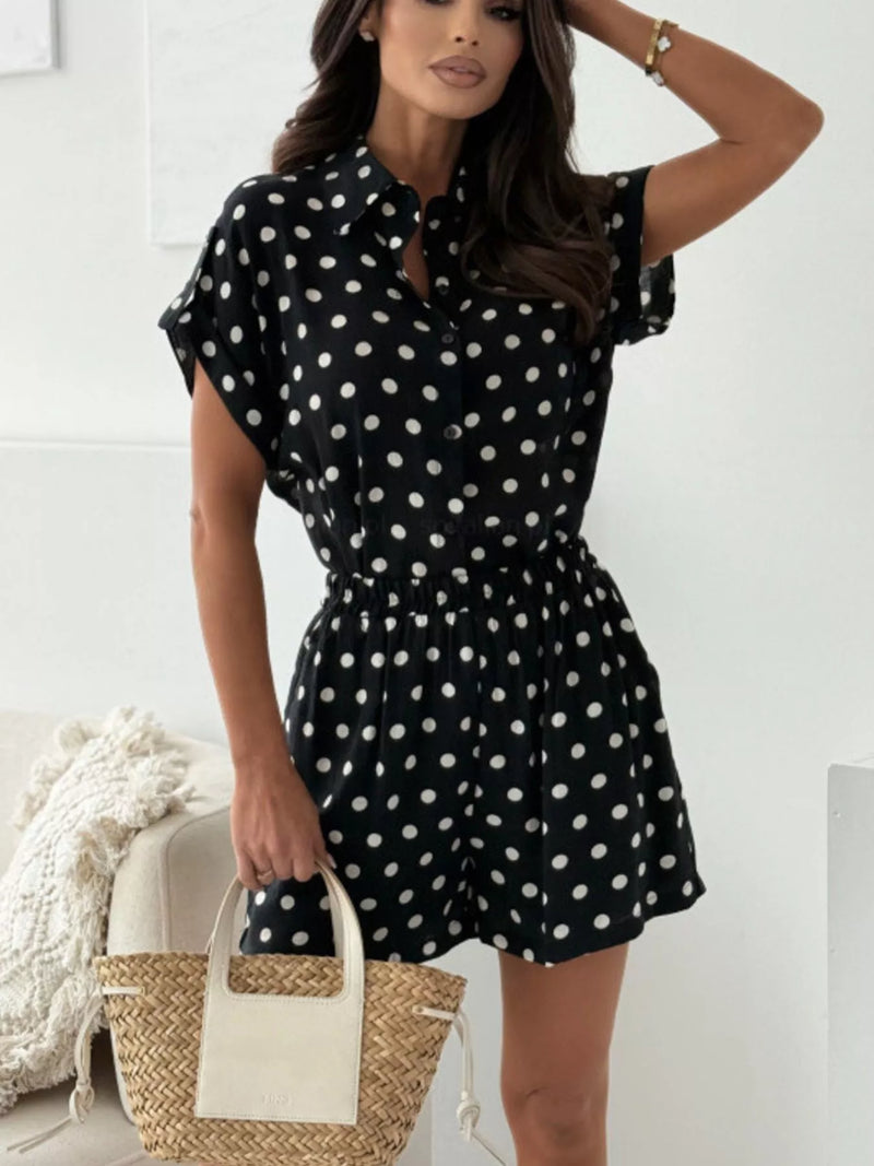 Polka Dot Shirt and Shorts Set for Women with Short Sleeves and Pockets in Black, front view