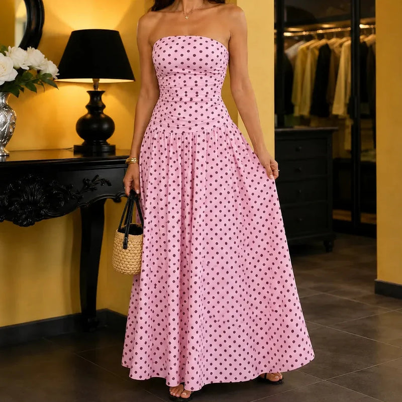 Polka Dot Strapless Maxi Dress for Women with Ruched Bodice and Full Skirt in Pink, front view