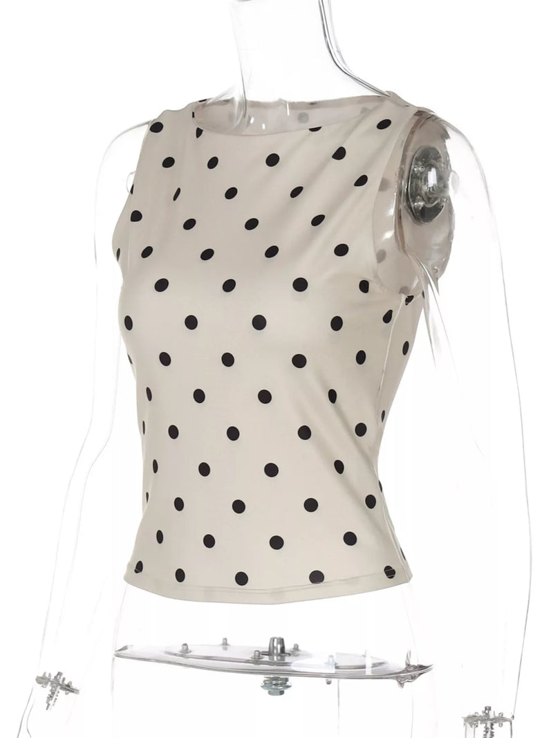 Polka Dot Tank Top for Women with High Crew Neck and Fitted Cut in Beige, mannequin side view