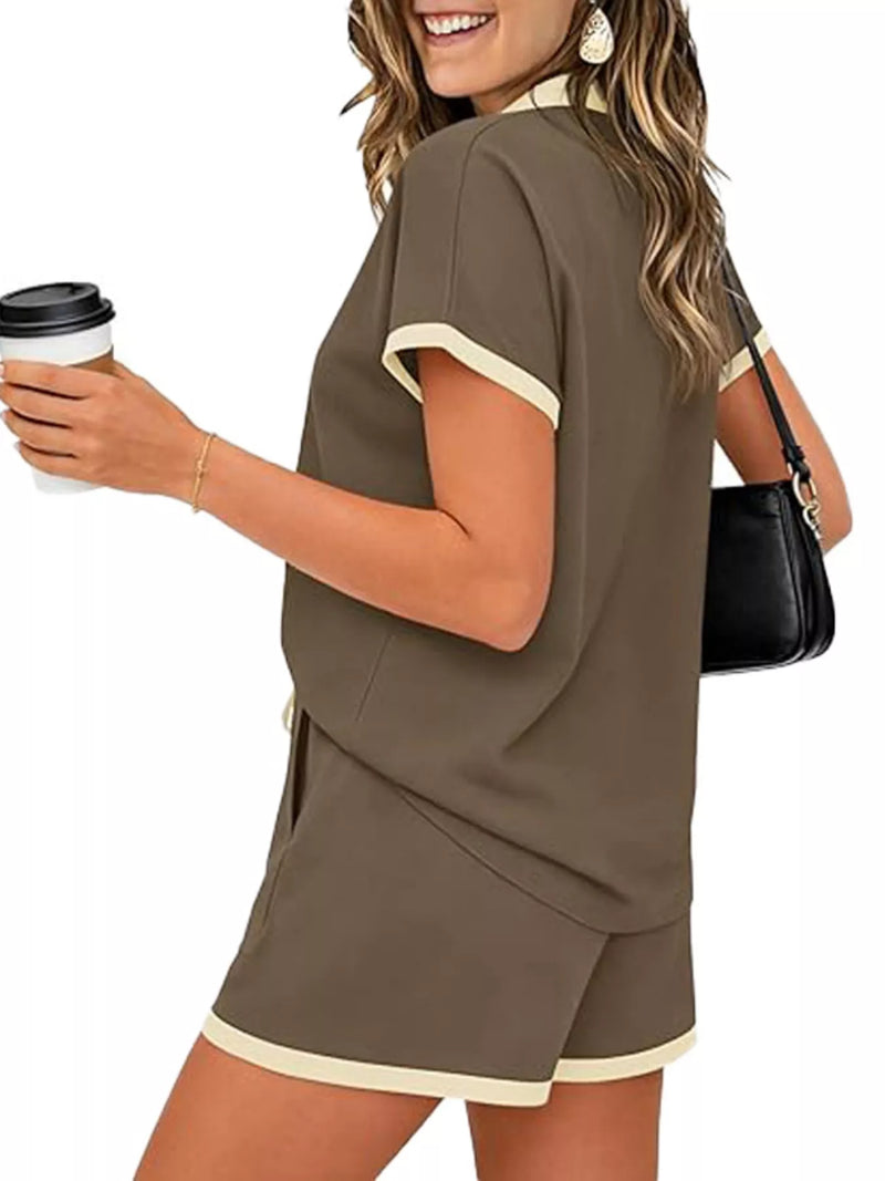 Polo Collar Top and Shorts Set for Women with Contrast Trim and Pockets in Brown, side view